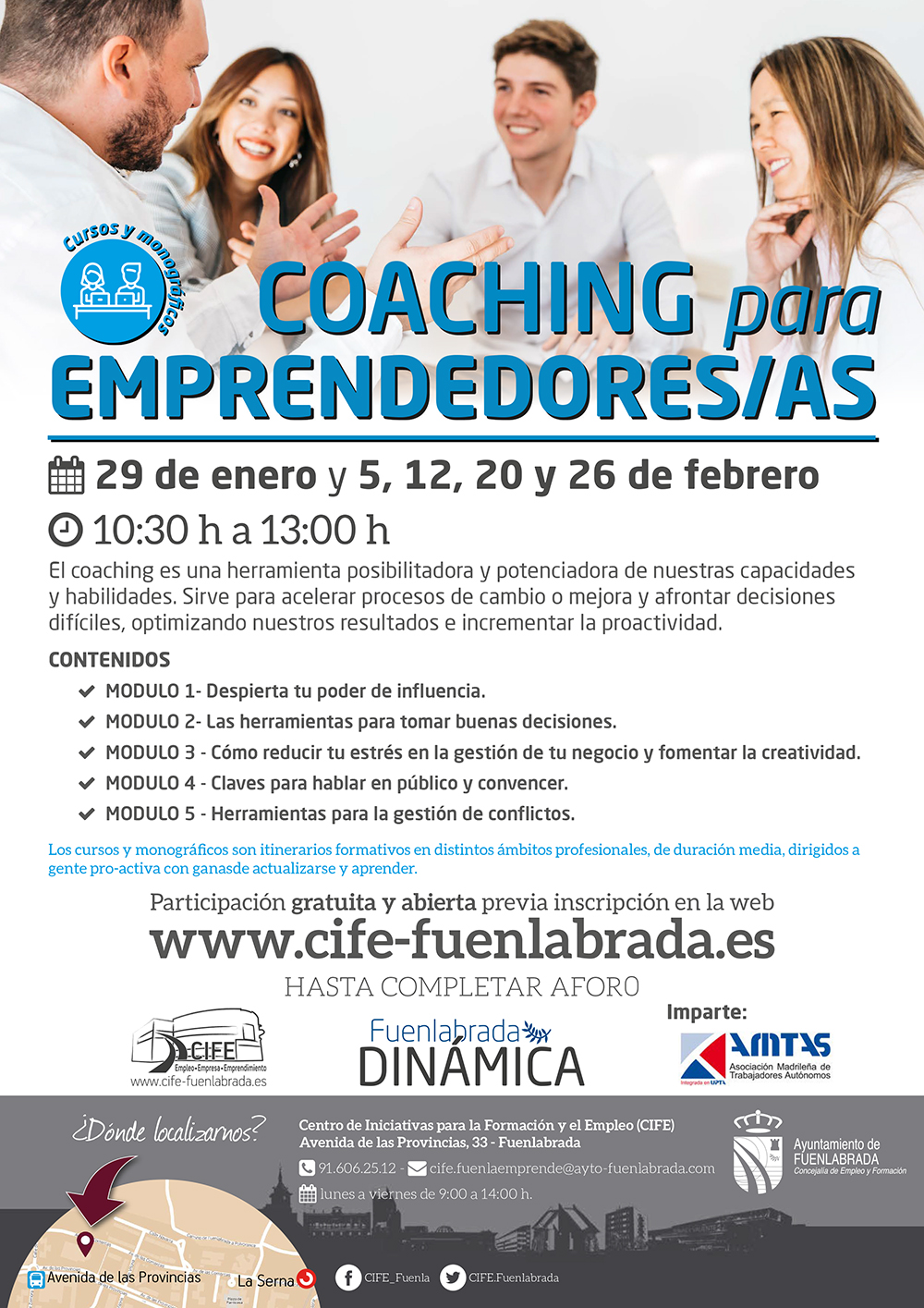 Este es el cartel del curso de coaching con todos los detalles de la programación