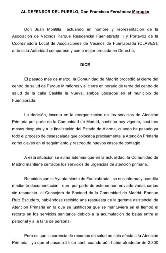 Carta de Asoc. Vecinales Fuenlabrada Carta de Asoc. Vecinales Fuenlabrada
