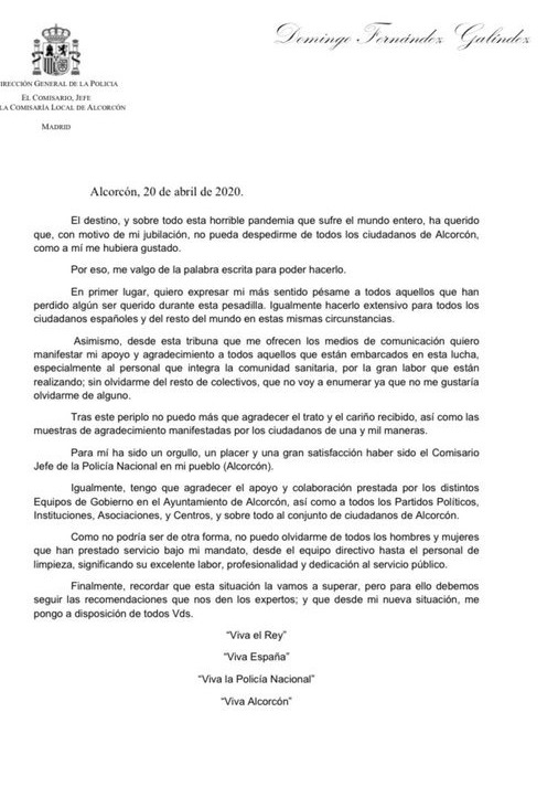 Carta Despedida Comisario de Alcorcón Carta del Comisario de Alcorcón