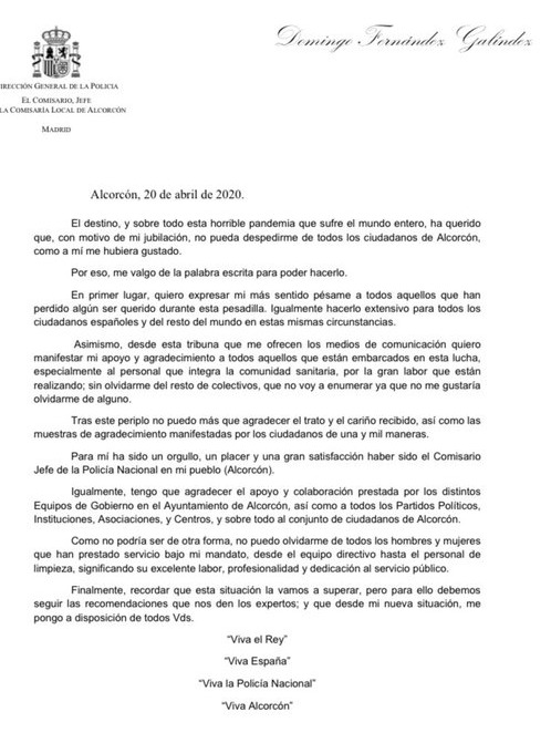 Carta Jubilaci&oacute;n Comisario Alcorc&oacute;n. Domingo Fernandez