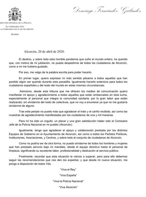 Carta Jubilación Comisario Alcorcón. Domingo Fernandez