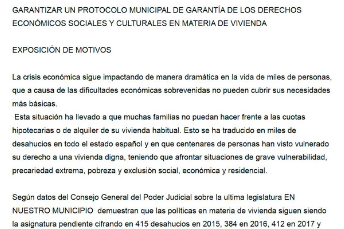 Stop Desahucios registra una propuesta de moción en el ayuntamiento para combatir una situación que catalogan de "preocupante"
