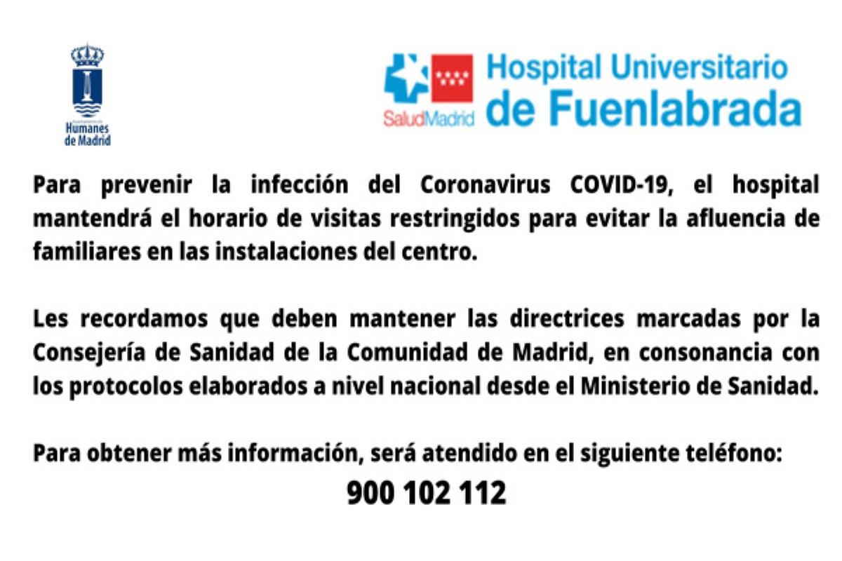 El Hospital de Fuenlabrada restringirá el horario de visitas para prevenir contagios de coronavirus
