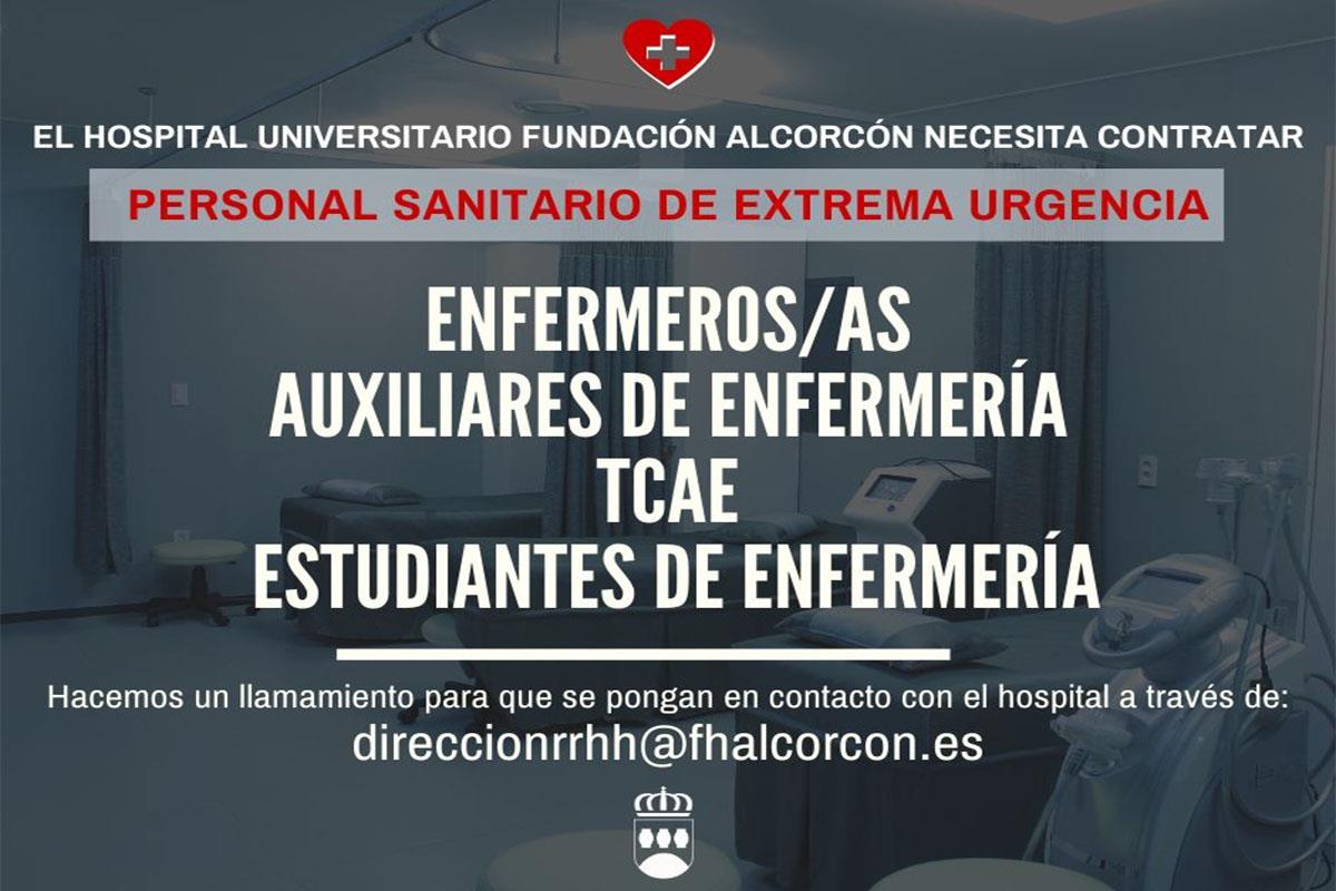 Si eres: Enfermero/a, Auxiliar de Enfermería, TCAE, Estudiante de Enfermería. Escribe a direccionrrhh@fhalcorcon.es #AlcorcónEstáContigo