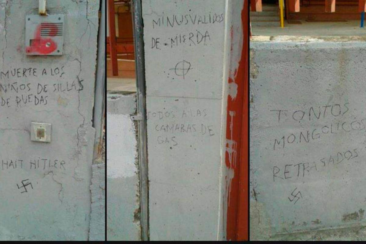 Frases como "minusválidos de mierda" o "muerte a los niños en silla de ruedas" se pueden leer en los muros del centro