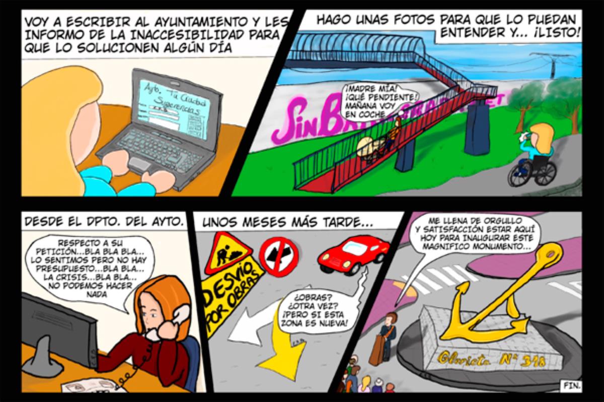 Esther Ramiro ha dibujado una viñeta para denunciar que el Ayuntamiento no tiene en cuenta sus quejas sobre los puntos inaccesibles de la ciudad