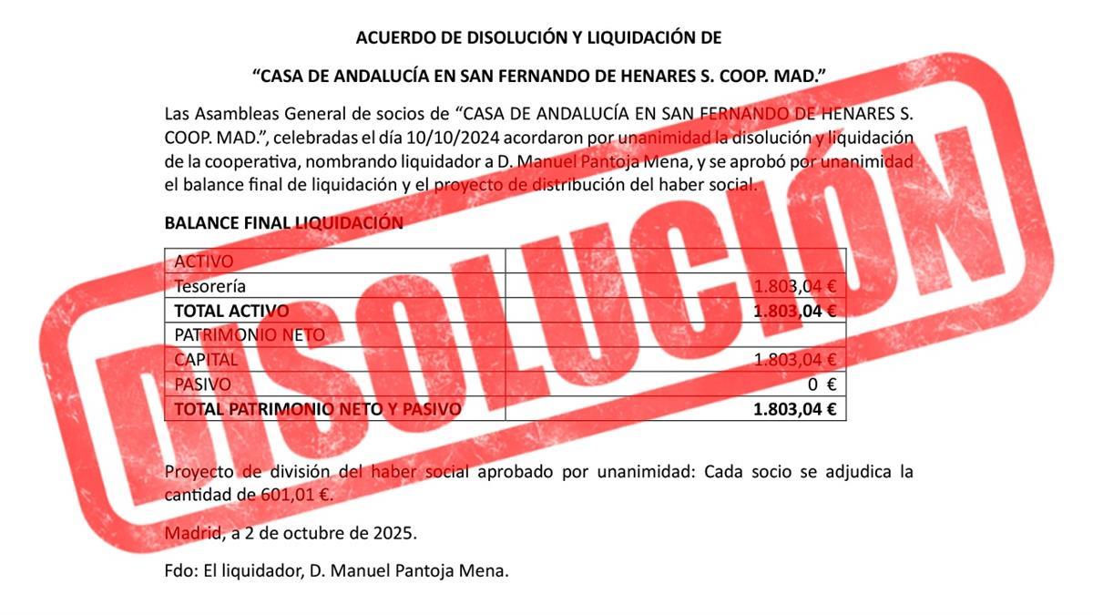 Las Asambleas General de socios de “CASA DE ANDALUCÍA EN SAN FERNANDO DE HENARES S. COOP. MAD.”, celebradas el día 10/10/2024 acordaron por unanimidad la disolución y liquidación de la coopera�va
