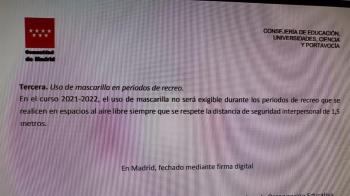 CCOO tiene ya preparada una denuncia que llevará a la Inspección de Trabajo si el próximo lunes, tal como ha anunciado la presidenta de la Comunidad de Madrid, la mascarilla podría no llevarse en los patios escolares