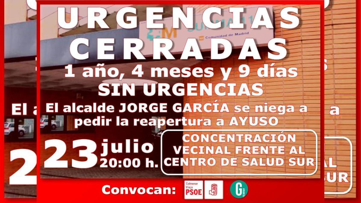 PSOE Y Ganemos Colmenar convocan una concentración en el Centro de Salud Sur para exigir la apertura de las Urgencias
