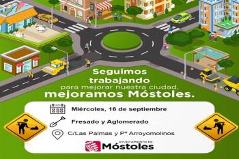 Lee toda la noticia 'Continuan los trabajos de asfaltado y aglomerado en la calle Las Palmas y el Paseo de Arroyomolinos de Móstoles'