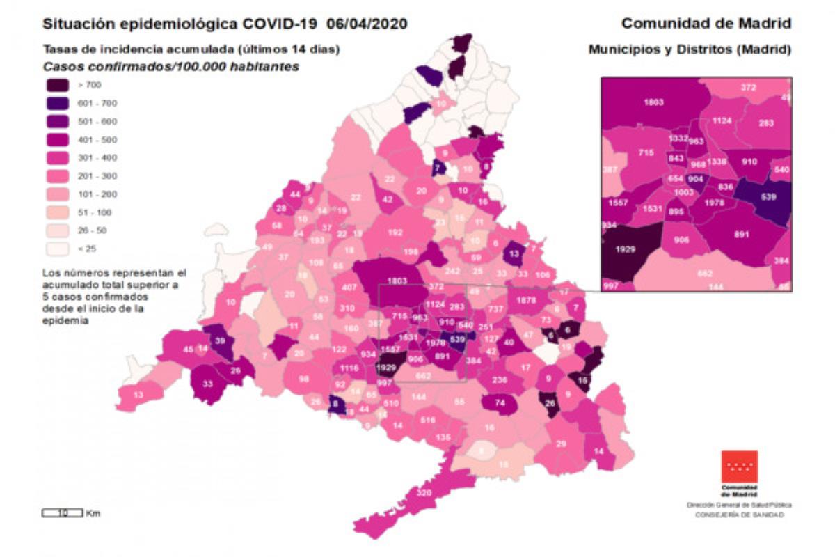 La Comunidad de Madrid ha elaborado un mapa que refleja la incidencia del COVID-19 en los municipios madrileños