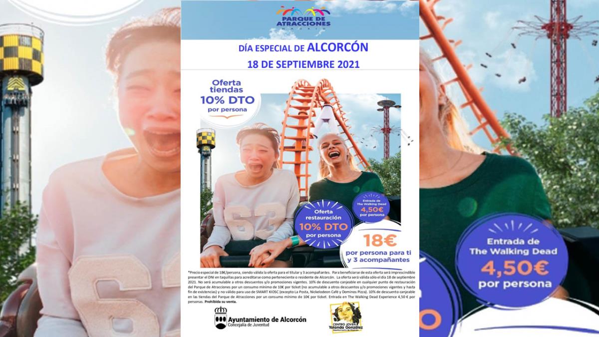 Entrada recudida y descuentos en atracciones, restauración y tiendas del parque de atracciones de Madrid en el día especial de Alcorcón