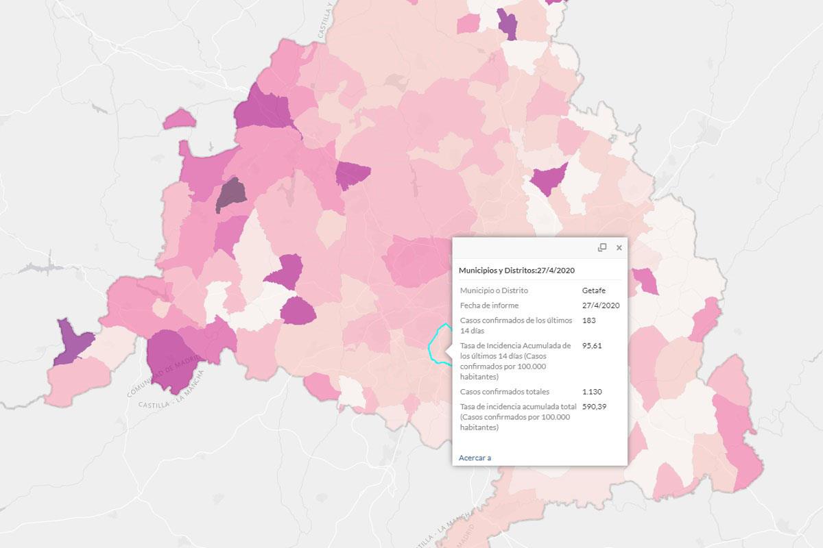 En el municipio de Getafe en los últimos 14 días se han confirmado 183 casos por covid19, sumándose al número total de contagiados, 1.130, del municipio.