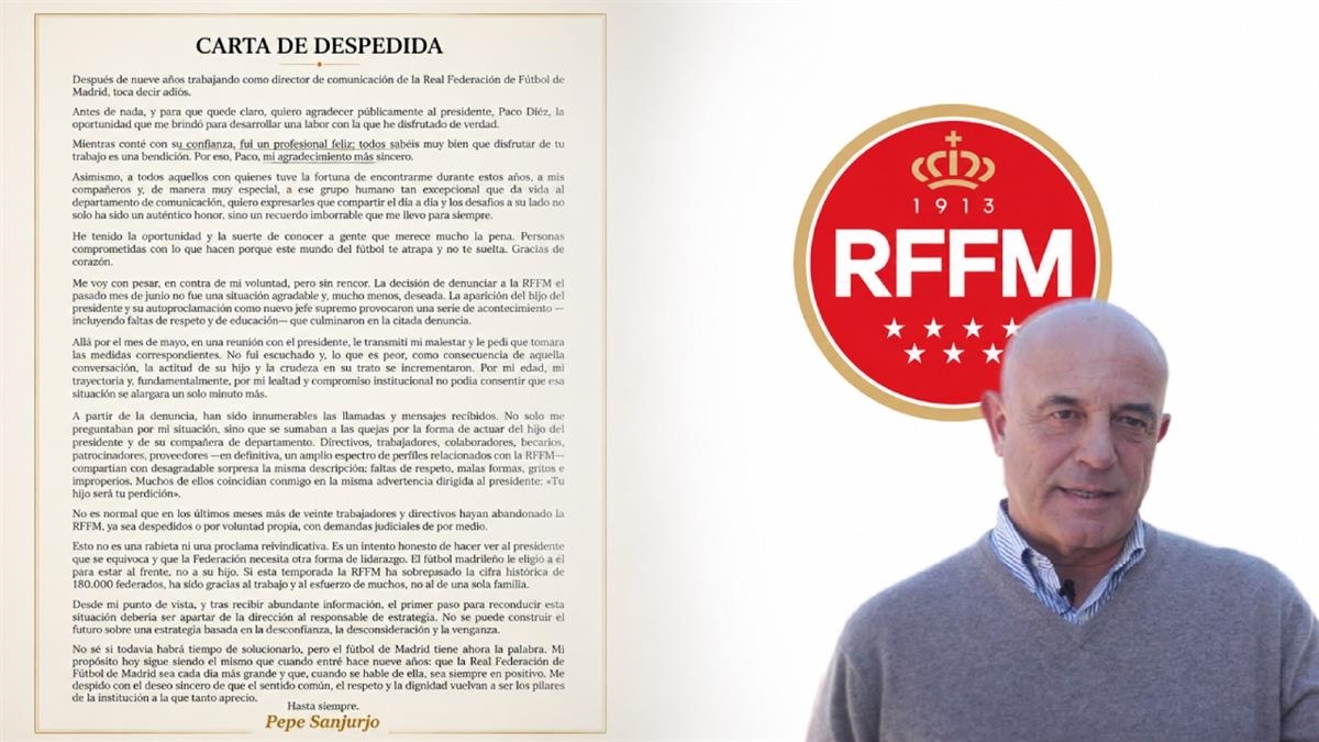 El hasta ahora director de comunicación de la RFFM, Pepe Sanjurjo, ataca duramente al hijo de Paco Díez, y la gestión de la RFFM en su carta de despedida