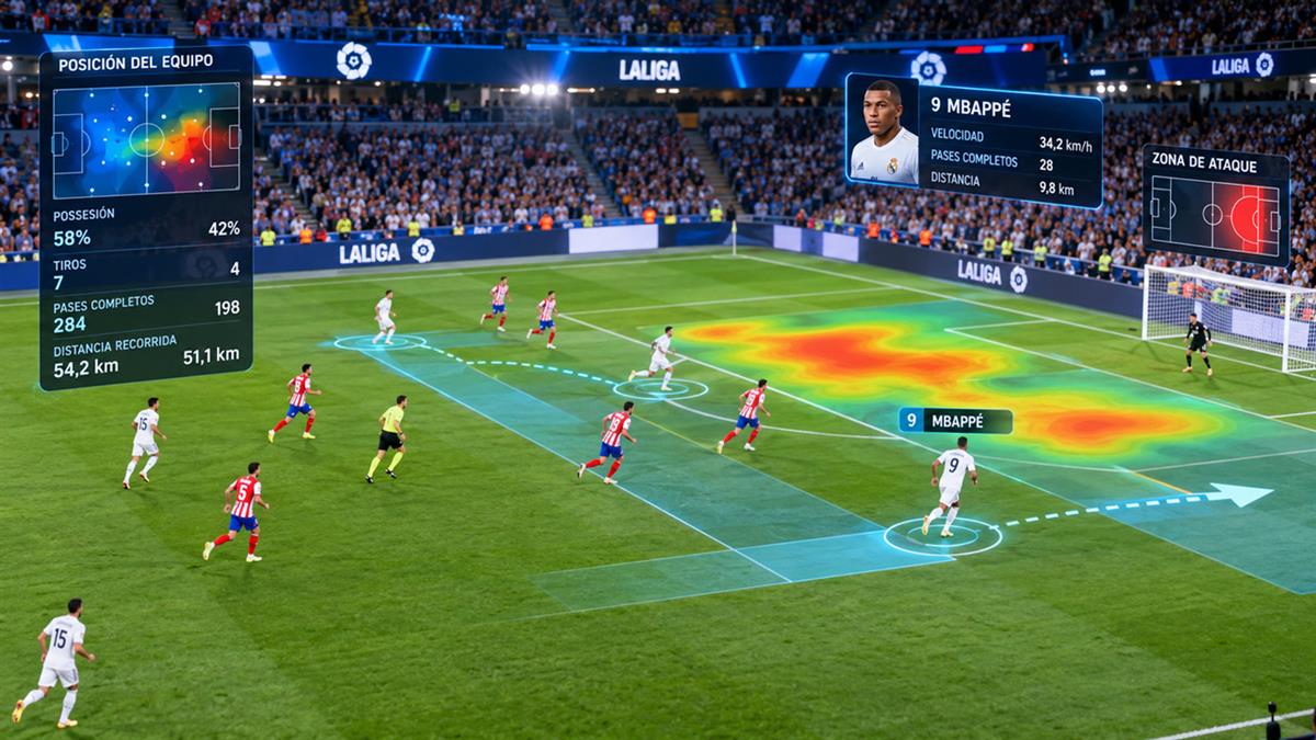 En la imagen de un campo puede aparecer una zona sombreada que indica por dónde ataca un equipo, o una referencia que acompaña a un futbolista