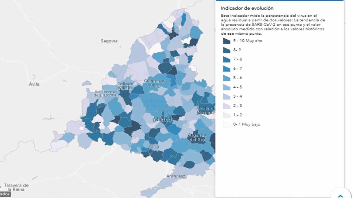 El mapa publicado por el Canal de Isabel II muestra la existencia de SARS-CoV-2 en la red de alcantarillado de Madrid
