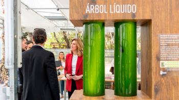 Está formado por dos cilindros transparentes con 100 litros de agua marina y alberga una población masiva de microalgas