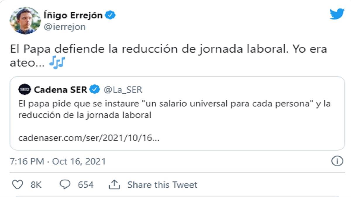 El diputado de Más País comenta en Twitter las declaraciones del Papa Francisco el pasado sábado 