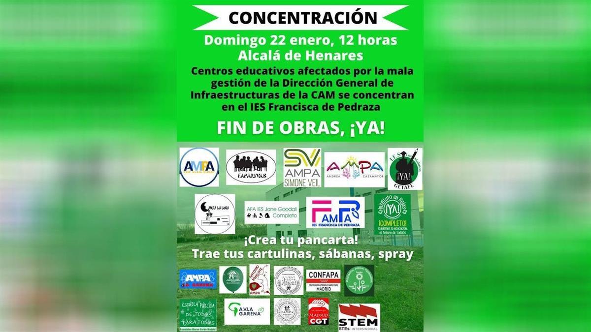 Representantes de centros de Madrid, Rivas, Paracuellos, Getafe o Alcalá de Henares exigen a la Comunidad que acabe con la mala gestión de las infraestructuras educativas