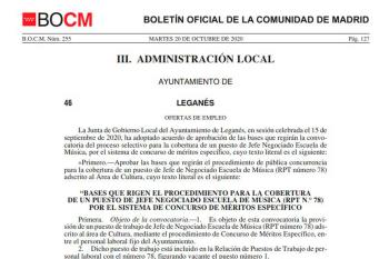 Lee toda la noticia 'Publicada la convocatoria para un puesto de Jefe de Negociado en la Escuela de Música de Leganés'