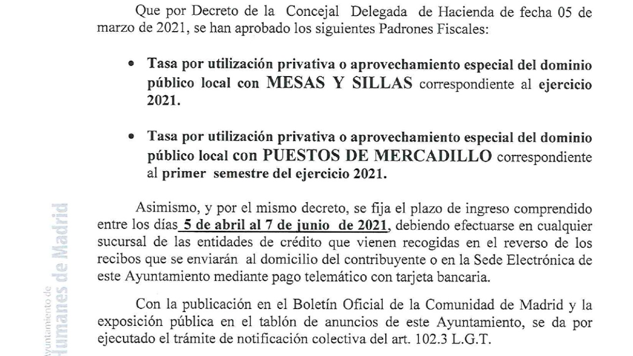 El plazo para el pago de las tasas es del 5 de abril al 7 de junio de 2021