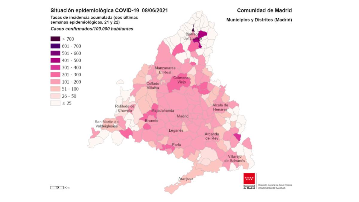 La incidencia acumulada sigue a la baja siendo Colmenar Viejo el municipio de más de 100.000 habitantes con peores cifras
