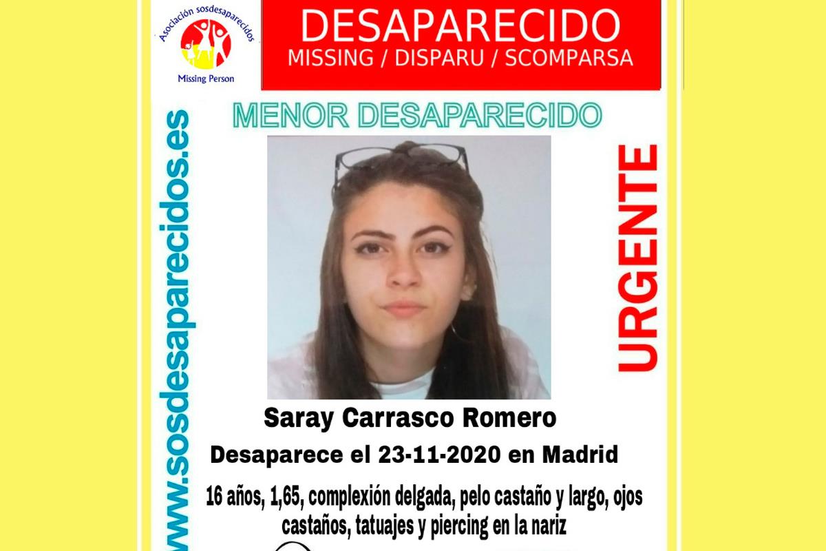 SOS Desaparecidos alerta sobre una menor desaparecida de 16 años de edad